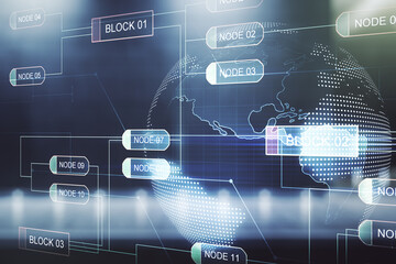 Multi exposure of abstract programming language hologram and world map on contemporary business center exterior background, artificial intelligence and neural networks concept