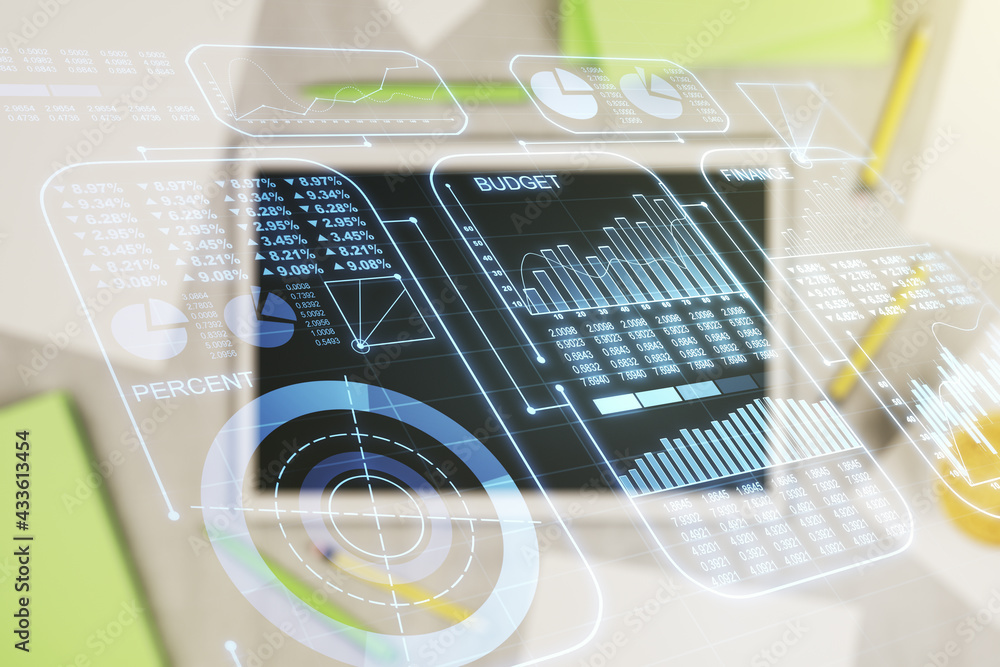 Aufkleber multi exposure of abstract graphic data spreadsheet sketch and modern digital tablet on desktop on b