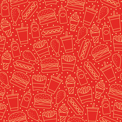 Fast food seamless pattern on red background, Simple outline flat design for decorative decorative or gift wrapping paper, Vector illustration