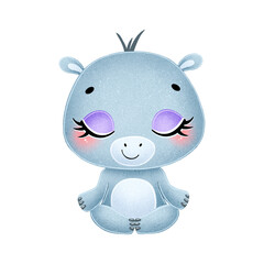 Cute cartoon animals meditate. Animals yoga. Hippopotamus meditation.