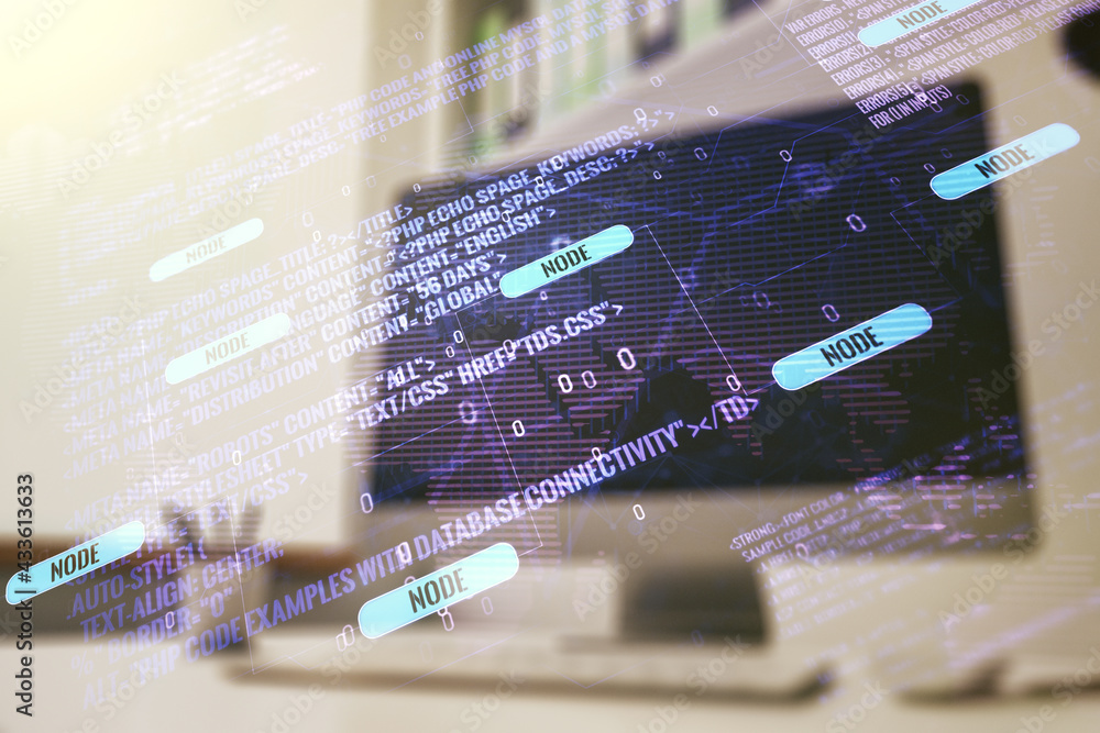Poster double exposure of abstract creative programming illustration with world map and modern desk with co