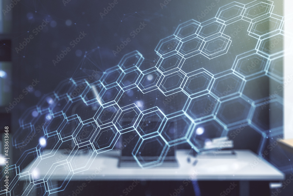 Poster Double exposure of technology hologram with hexagon and modern desktop with laptop on background. Research and development software concept