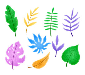 Fototapeta na wymiar Cute cartoon tropical jungle colorful leaves.