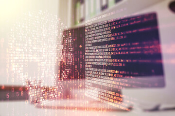 Creative code skull sketch and modern desk with computer on background, theft of personal data and malware concept. Multiexposure