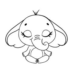 Doodle cute cartoon animals meditate. Tropical jungle animals yoga. Elephant meditation coloring page.