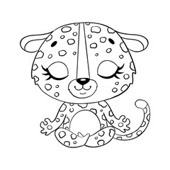 Doodle cute cartoon animals meditate. Tropical jungle animals yoga. Leopard meditation coloring page.