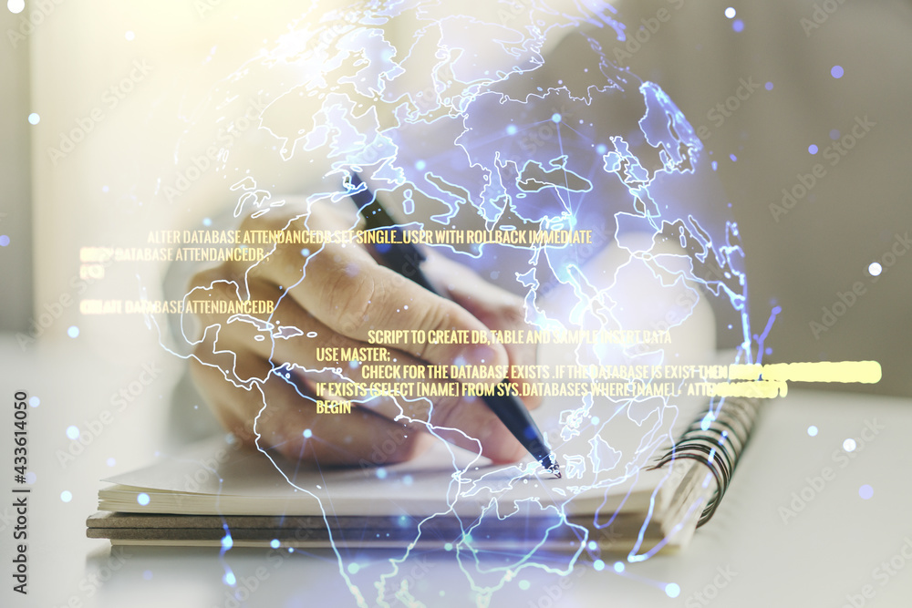 Poster multi exposure of abstract software development hologram with world map and man hand writing in note
