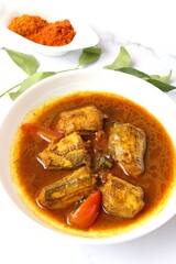 Indian Food - Homemade Spicy and tangy Bombay duck fish curry. Maharashtrian famous Bombil fish curry or Kalvan. Copy space.