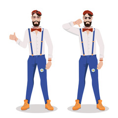 A stylish man in a shirt shows a gesture of approval and disapproval. Good and bad, like and dislike.