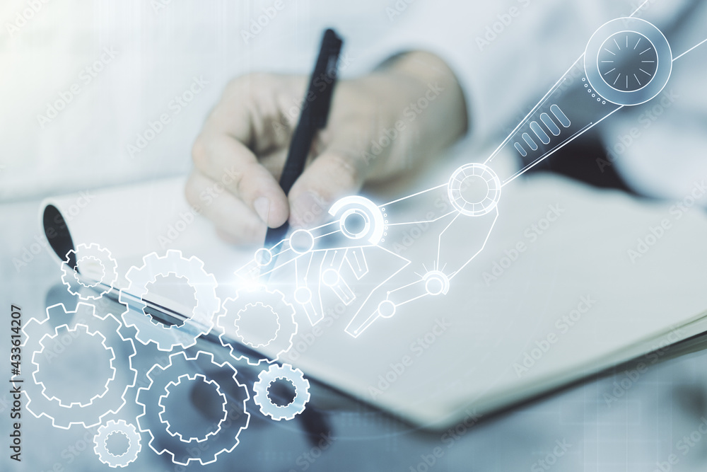 Poster creative concept of robotics technology and man hand writing in notebook on background. robot develo