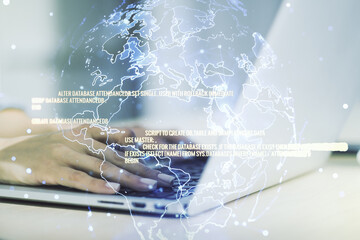 Multi exposure of abstract graphic coding sketch with world map and hands typing on computer keyboard on background, big data and networking concept