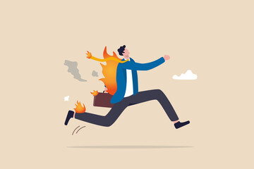 Fototapeta na wymiar Business deadline, rush hour situation or in hurry to complete work concept, overworked businessman running on fire.