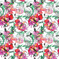 Fototapeta na wymiar Watercolor seamless pattern with flowers poppy on white background.
