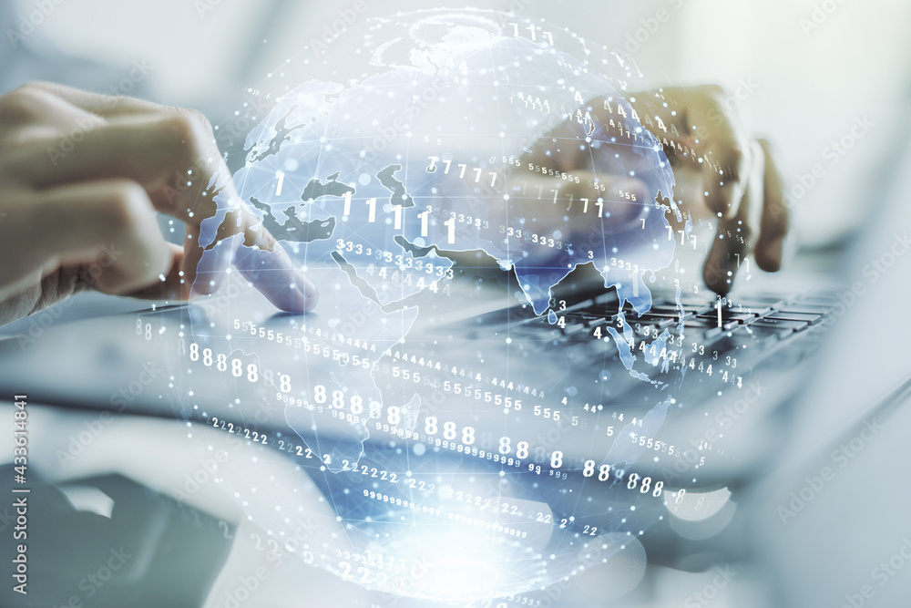 Poster abstract creative coding concept with world map and hands typing on laptop on background. multiexpos