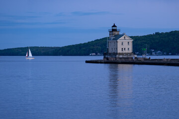 Kingston, NY - USA- May 12, 2021: a landscape view of the Rondout Lighthouse, a lighthouse on the...
