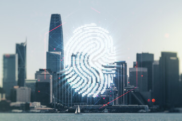 Multi exposure of virtual creative fingerprint hologram on San Francisco skyscrapers background, personal biometric data concept