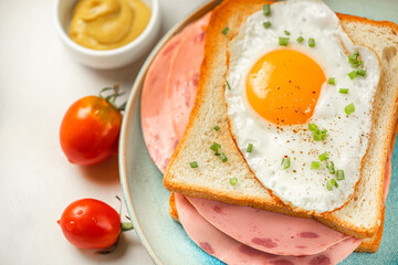 Close-up breakfast - fried egg on sandwich with sausage on plate with tomatoes, mustard, ham, toast.