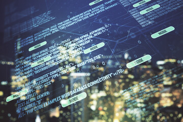Abstract virtual coding illustration on blurry skyscrapers background, software development concept. Multiexposure