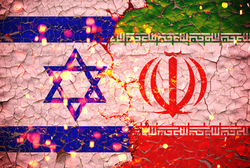 israel and iran flags painted over cracked concrete wall.And lava flows behind.israel vs iran war.