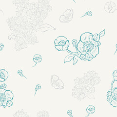 Seamless vector pattern with flowers and bouquet of lilac blossom. Vintage pattern for textile or wallpaper print, cards, wedding invitation.