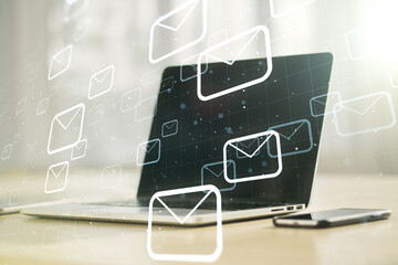 Creative abstract postal envelopes hologram on modern computer background, email and notification concept. Multiexposure