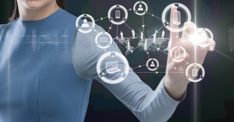 Composition of digital icons over caucasian woman