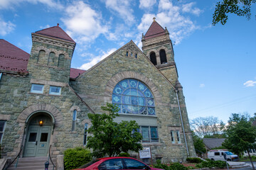 Fototapeta na wymiar Kingston, NY - USA- May 12, 2021: VIew of the St James United Methodist Church in the Kingston Stockade District.