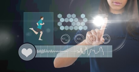 Fototapeta premium Composition of digital fitness icons over mixed race woman