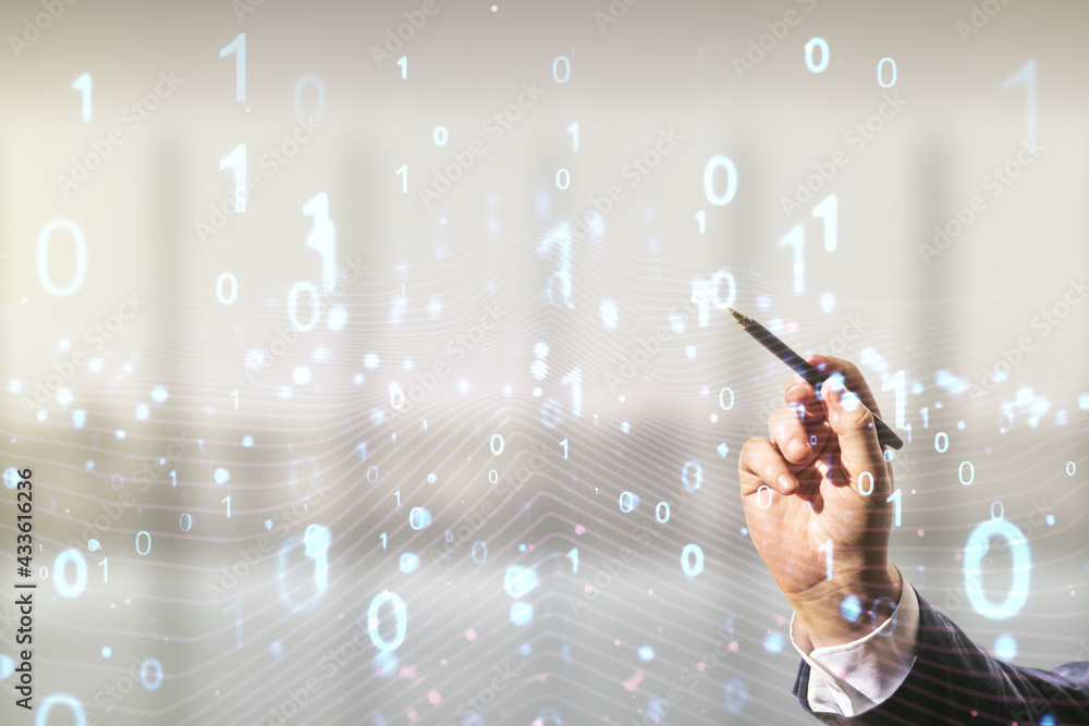 Leinwandbilder man hand with pen working with abstract virtual binary code illustration on blurred office backgroun