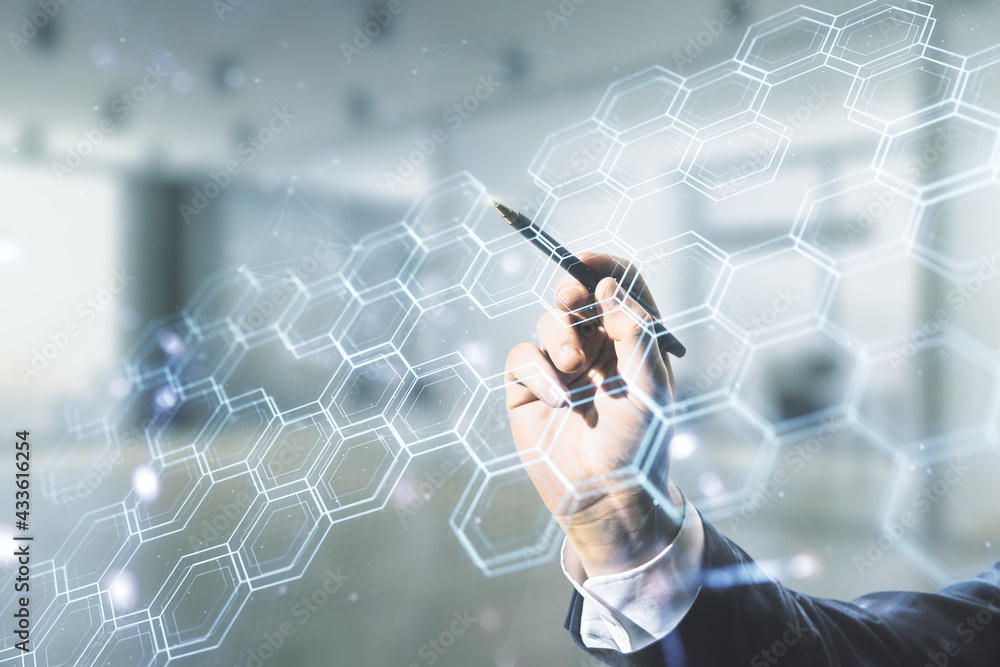 Poster double exposure of male hand with pen working with abstract virtual technology hologram with hexagon