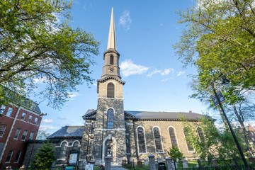 Kingston, NY - USA- May 12, 2021: The Old Dutch Church, a 19th-century bluestone church and cemetery located on Wall Street in the Kingston Stockade District.