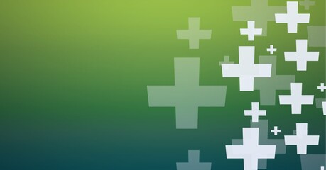 Composition of multiple white crosses with copy space over blue background