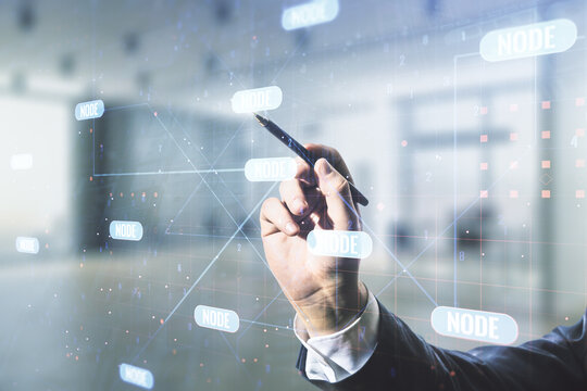 Multi exposure of developer hand with pen working with abstract programming language hologram on blurred office background, artificial intelligence and machine learning concept