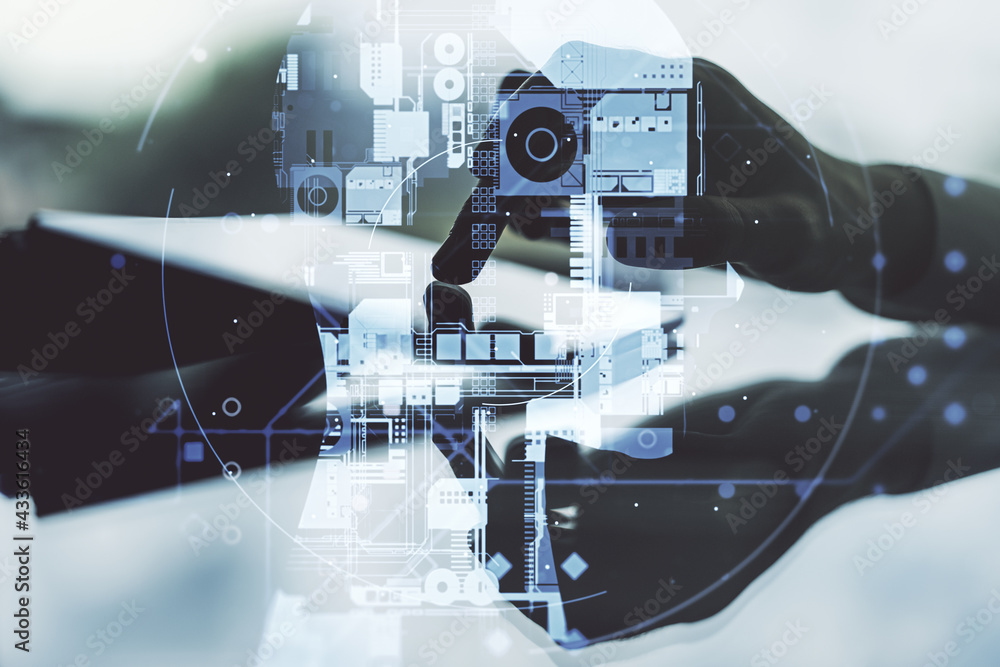 Poster double exposure of creative artificial intelligence symbol with finger clicks on a digital tablet on