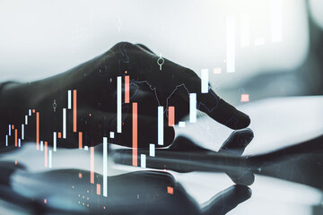 Multi exposure of abstract creative financial chart with finger presses on a digital tablet on background, research and analytics concept