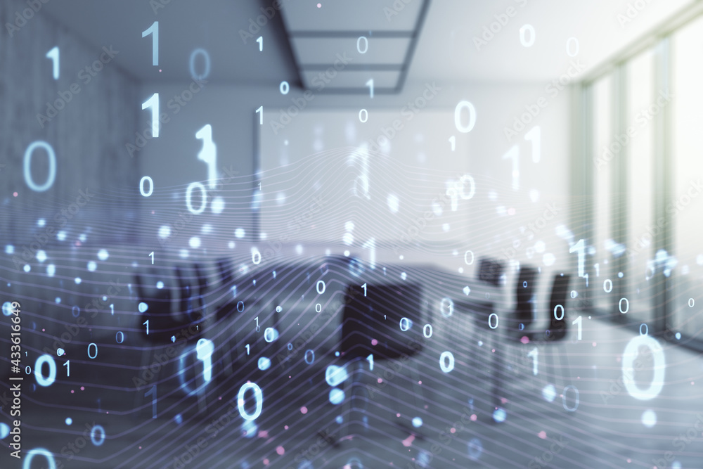Poster abstract virtual binary code illustration on a modern conference room background. big data and codin