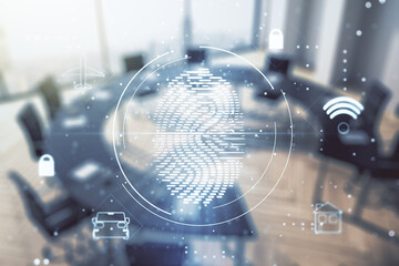 Multi exposure of virtual creative fingerprint hologram on a modern meeting room background, personal biometric data concept