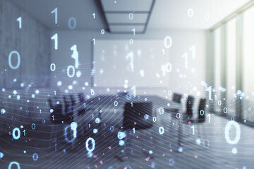 Abstract virtual binary code illustration on a modern conference room background. Big data and...