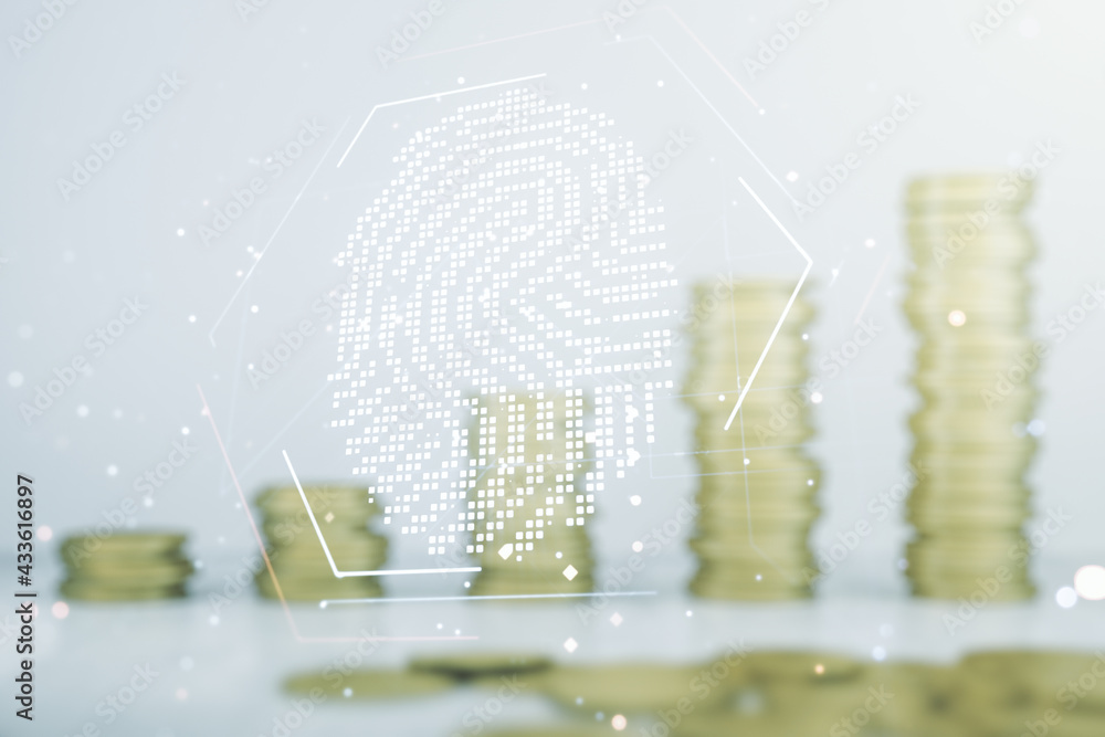 Poster Abstract virtual fingerprint hologram on stacks of coins background. Multiexposure