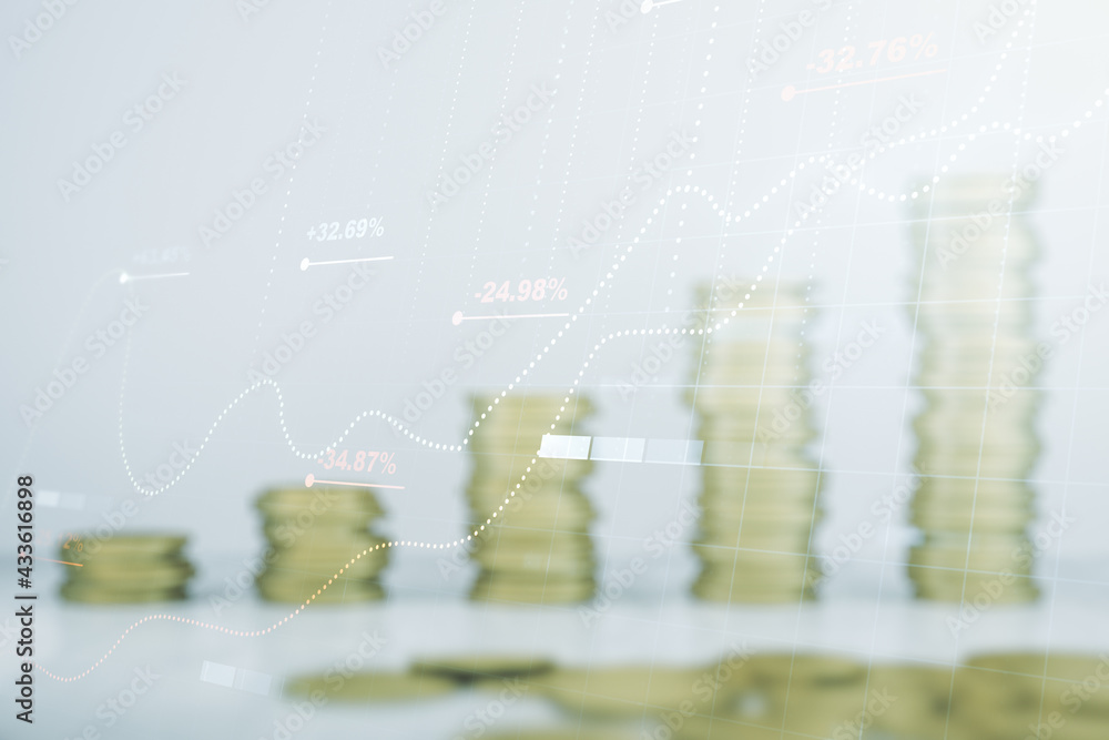 Poster abstract virtual analytics data spreadsheet on coins background, analytics and analysis concept. mul
