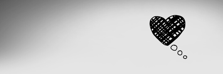 Composition of black heart with copy space over grey background