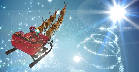 Composition of santa claus in sleigh pulled by reindeer with snow falling on blue background