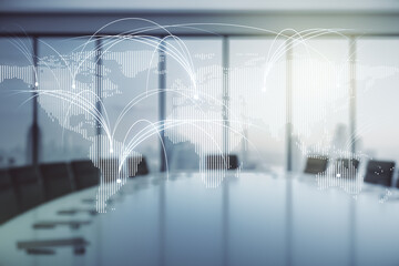 Double exposure of abstract digital world map hologram with connections on a modern meeting room background, research and strategy concept