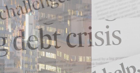 Obraz premium Debt crisis text over city buildings background, economy and financial crisis concepts