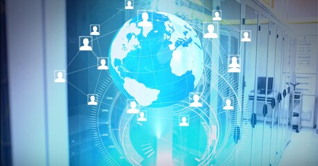 Composition of network of people icons globe and scope scanning over computer servers