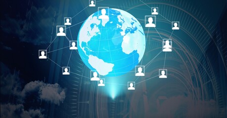 Composition of network of people icons globe and scope scanning over computer servers