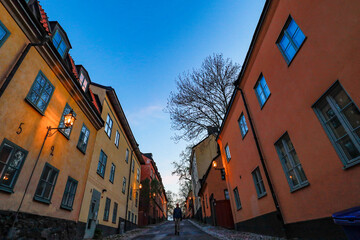 Stockholm, Sweden A man walks on the   quaint cobblestoned Yttersta Tvargrand street, on  Sodermalm.
