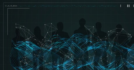 Composition of dna strand and data processing over people silhouettes on green background