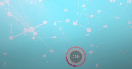 Composition of 25 percent on pie chart statistics and network of connections over blue background
