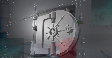 Composition of steel safe over laptop on office desk